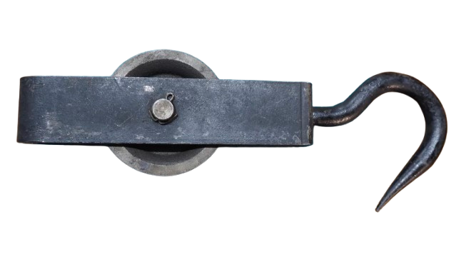 Grande carrucola in metallo vintage con paranco e gancio